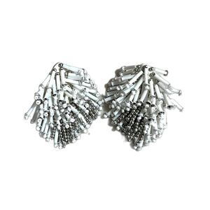 Beaded Diamond Shape Drop Clip On Earrings White Silver